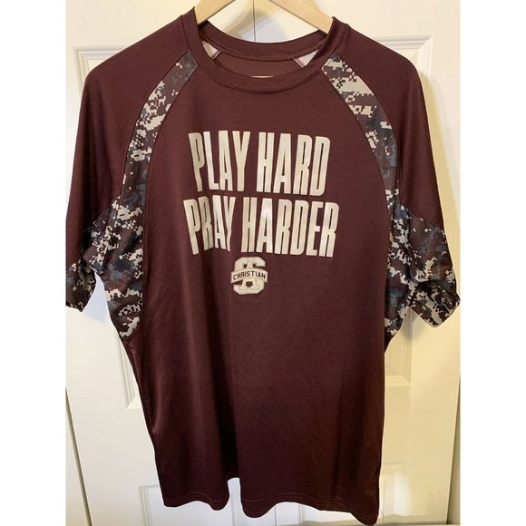 Play Hard Pray Harder Men’s Sz L T Shirt Badger Maroon White - Picture 5 of 6